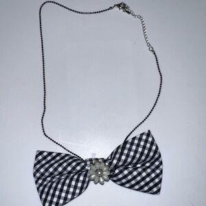 “Dainty Dapper”Black and White Checkered Bow Necklace
